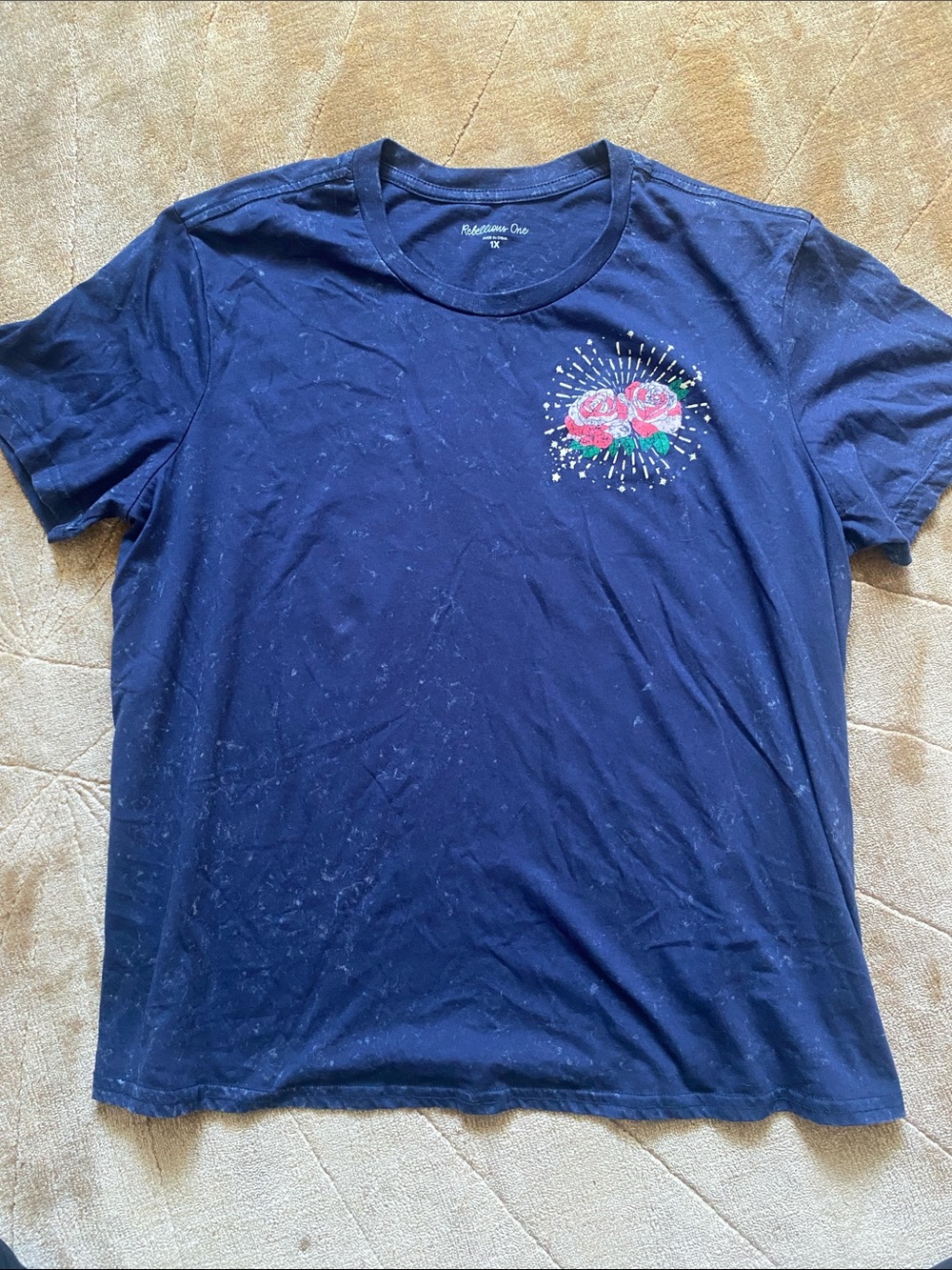 Rebellious One Navy Short Sleeve Tee with Pink Floral Chest Graphic